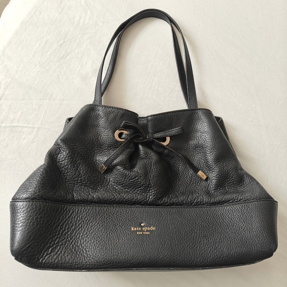 Kate Spade Bow Tote Bag Large Black Pebbled Leather Drawstring Shoulder